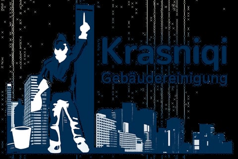 Krasniqi Gebäudereinigung logo featuring a silhouette of a cleaner with buildings and cleaning equipment in blue